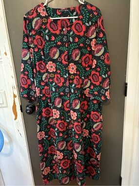 Gudrun Sjoden Floral Midi Dress in Black with Red and Pink Flowers